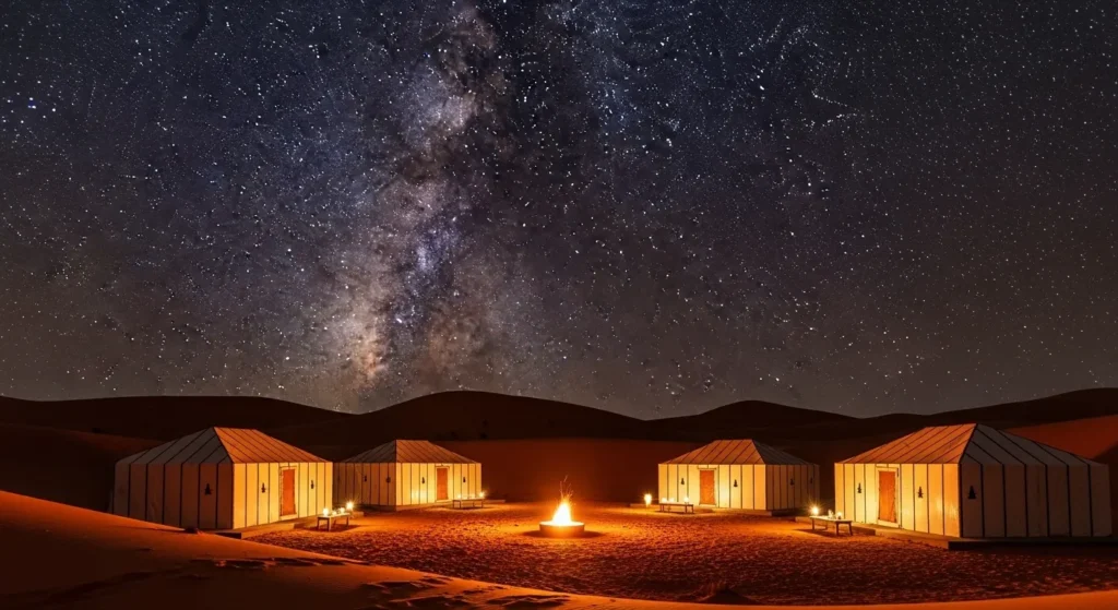 A luxury desert camp in the Sahara at night, with glowing tents under a starry Milky Way sky and a central bonfire.