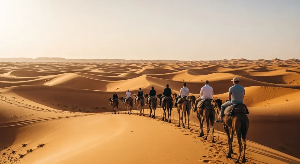 Camel trekking in Merzouga Desert at sunrise - Morocco travel guide