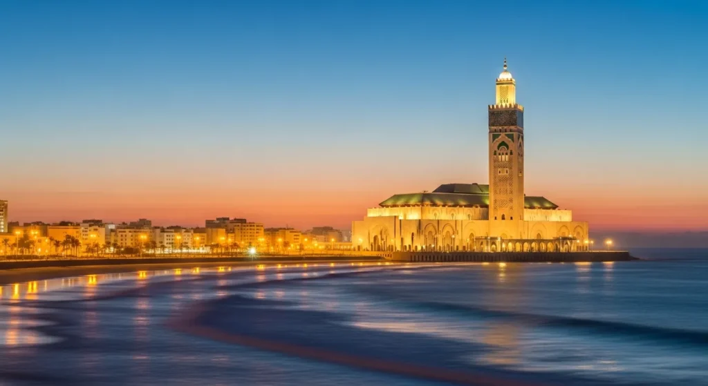 Casablanca skyline with illuminated Hassan II Mosque - Top cities to visit in Morocco