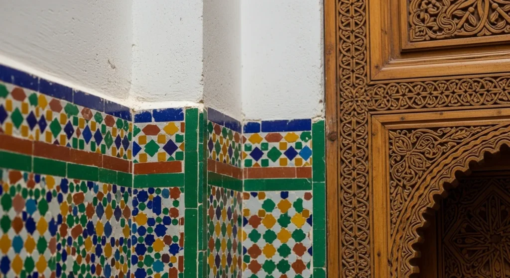 Close-up of traditional Moroccan craftsmanship, showing the detail of tadelakt plaster, carved wood, and colorful zellige tiles.