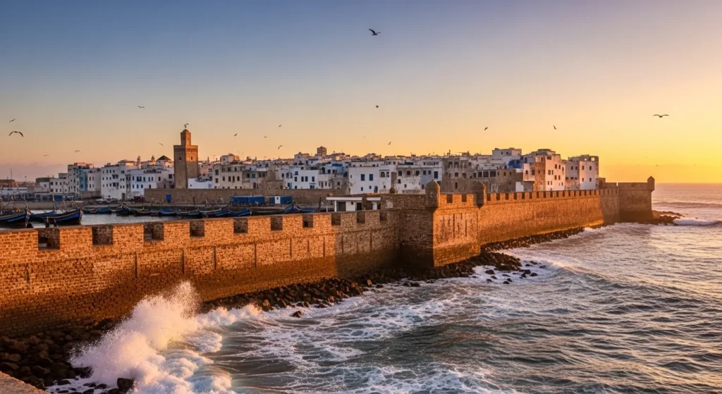 Coastal view of Essaouira, Morocco, with ocean waves and city walls - Popular cities in Morocco