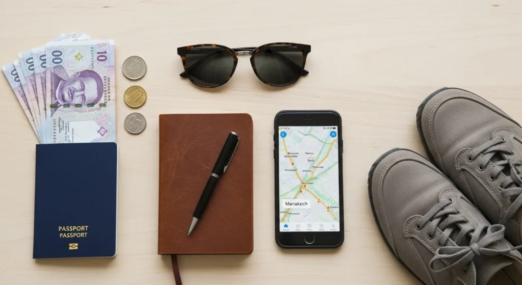 Flat lay of essential travel items for a trip to Morocco, including currency, passport, phone, and sunglasses.