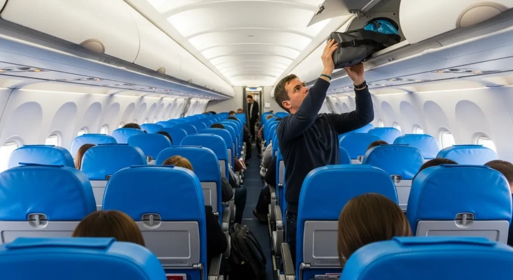 Inside a Ryanair plane cabin, showing passengers with carry-on luggage, typical of a budget flight experience.