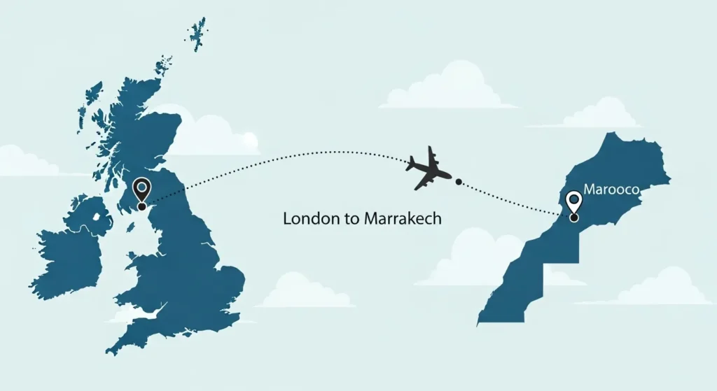 Map graphic illustrating the flight time to Morocco from the UK, showing the direct route from London to Marrakech