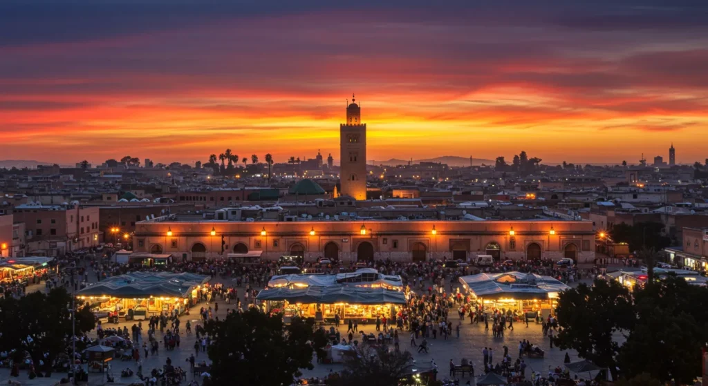 Marrakech cityscape at sunset with Djemaa el-Fna and Koutoubia Mosque - Morocco cities to visit