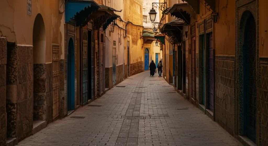 Narrow street in Fes Medina, showcasing ancient Moroccan architecture and markets - Best cities to visit in Morocco