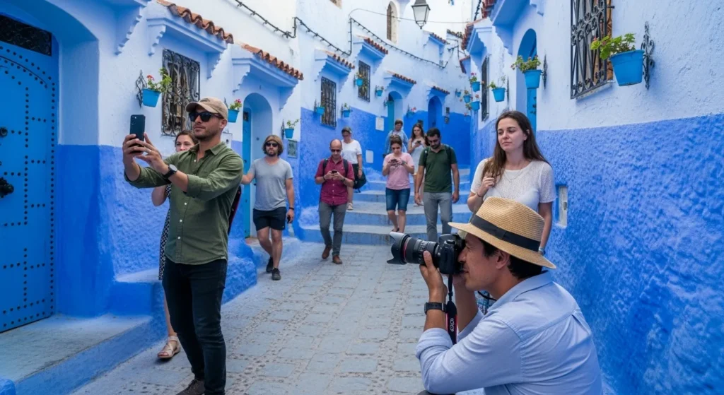 Photographer capturing the blue streets of Chefchaouen - Best Moroccan cities for photography