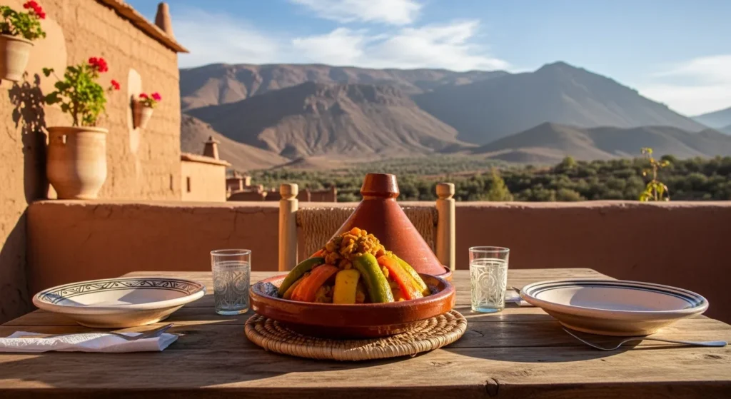 Terrace of a guesthouse in the Atlas Mountains, with a tagine served on a table overlooking the rugged mountain peaks.