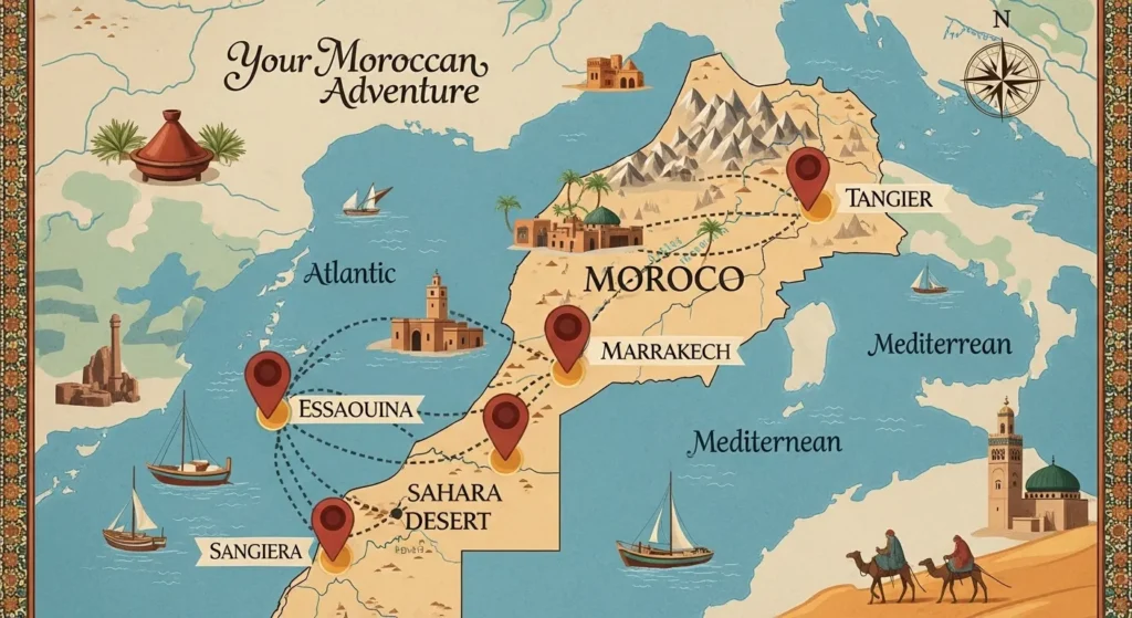 Travel map of Morocco highlighting the top cities to visit - Morocco travel guide