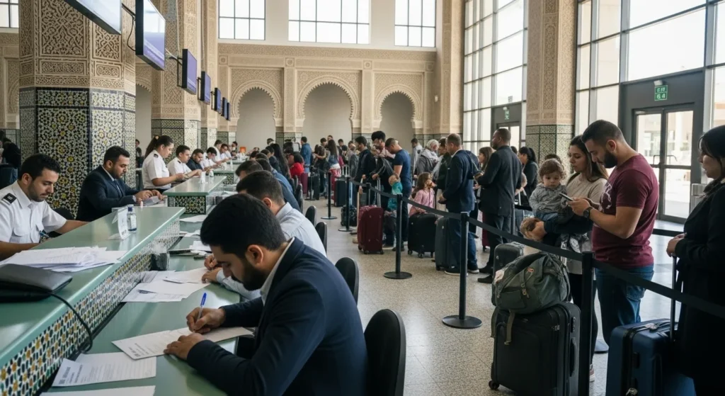 Travelers waiting in a queue at Marrakech Menara Airport for passport control and filling out immigration forms.