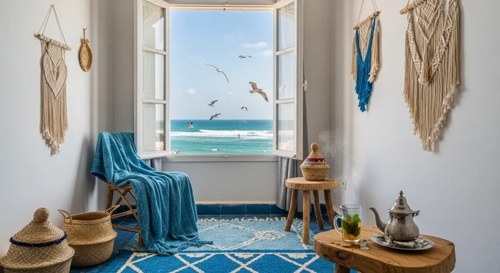 View from a breezy Essaouira hotel room window overlooking the Atlantic Ocean, with Moroccan mint tea on a table.