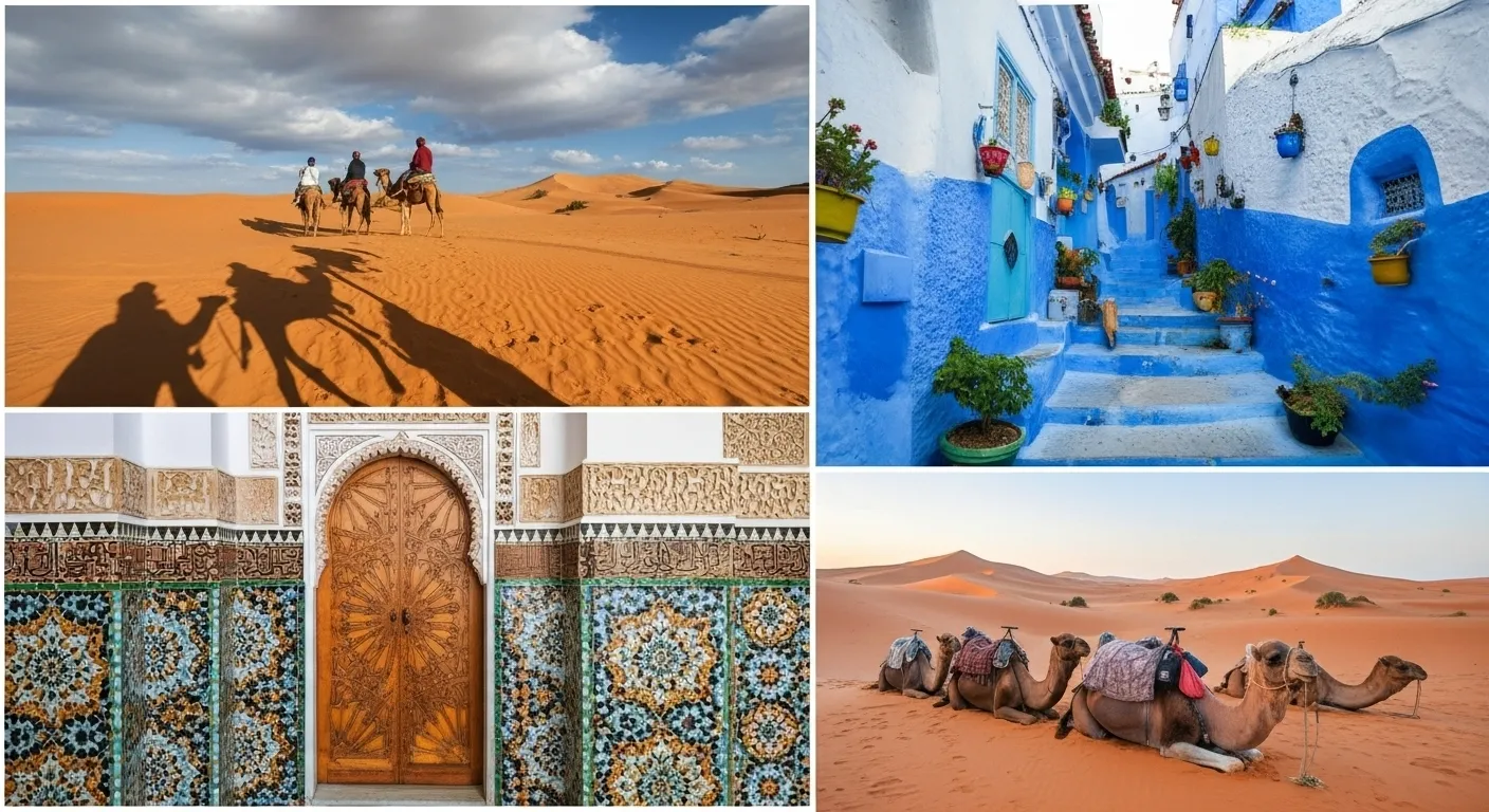 A collage of diverse experiences for a Morocco itinerary, including camel trekking in the Sahara Desert, the blue city of Chefchaouen, and intricate tile architecture.