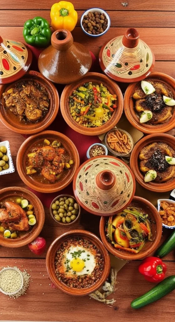 Authentic Moroccan cuisine spread with steaming tagine, colorful couscous, traditional mint tea, and pastries, inviting travelers from NYC to experience local flavors.