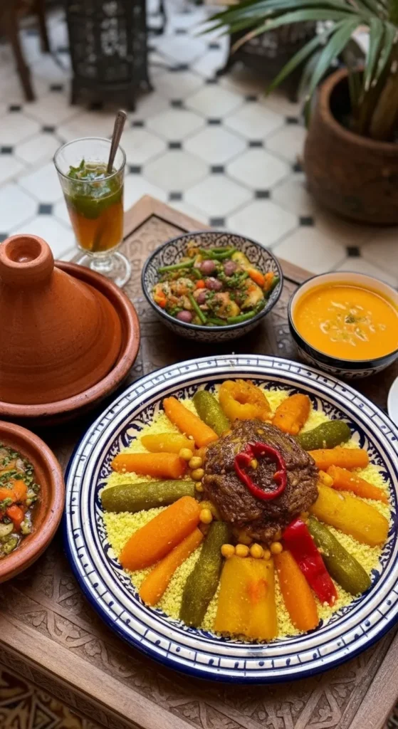 Delicious Moroccan food spread with tagine, couscous, and mint tea, highlighting things to do in Morocco.