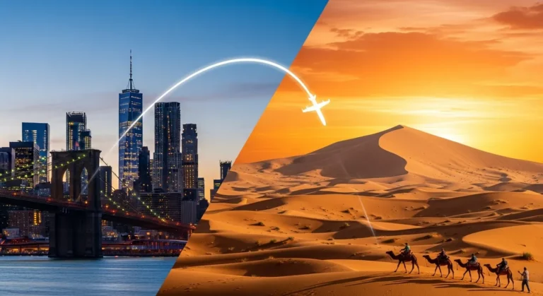 Hero image for an NYC to Morocco travel guide, showing the Brooklyn Bridge at dusk transitioning to a Sahara desert scene with a camel caravan at sunset.