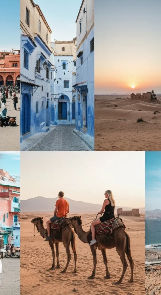 Morocco travel montage featuring diverse landscapes including Marrakech souks, blue city Chefchaouen, Sahara desert camel trek, and Atlas Mountains, showcasing rich cultural and natural variety.