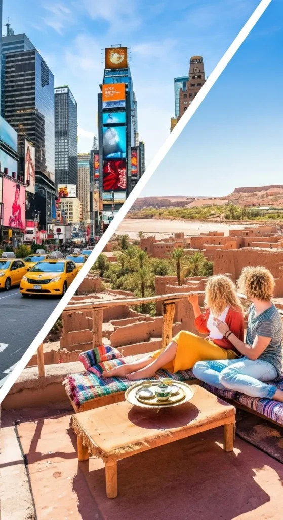 NYC to Morocco travel guide cover image showcasing iconic New York City skyline transitioning to vibrant Moroccan souks and Sahara desert landscape, highlighting the journey from urban to exotic adventure