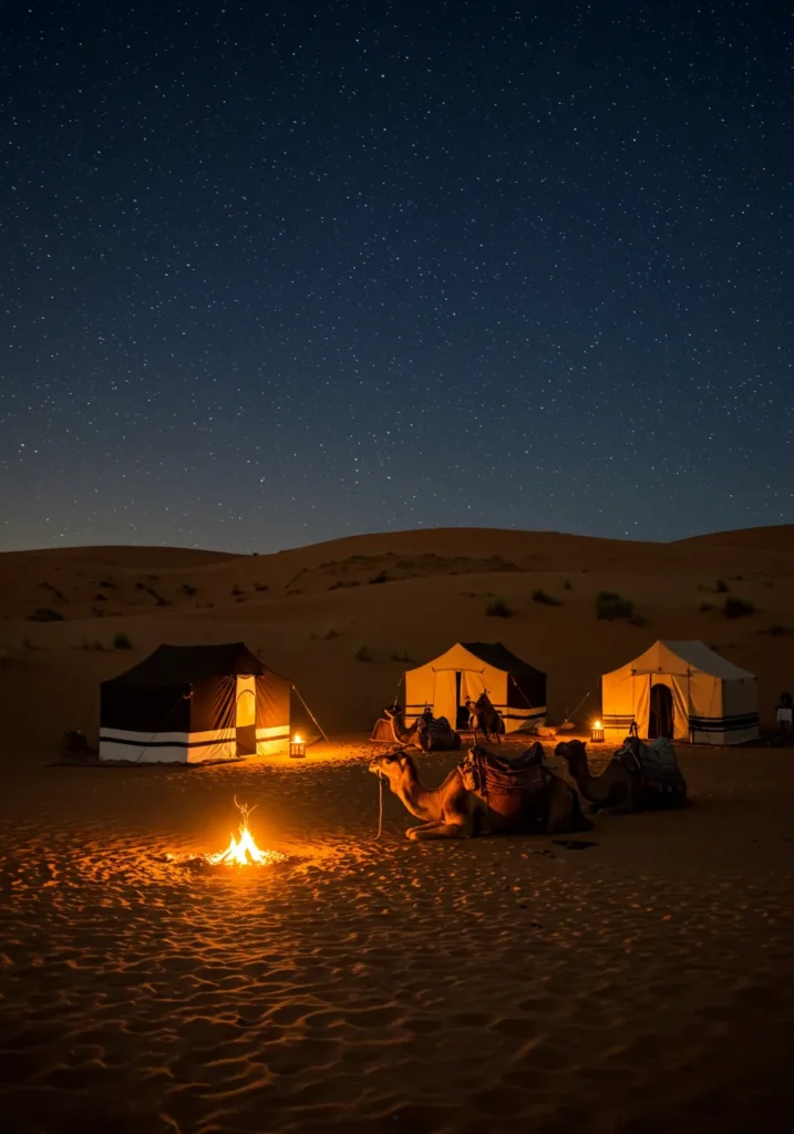 Starry night over Sahara Desert camp, Berber tents and camels, essential part of a Morocco itinerary.