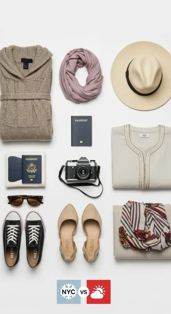 Travel packing essentials flat lay for Morocco trip, including modest clothing, desert gear, and travel documents, optimized for varying climates from NYC.