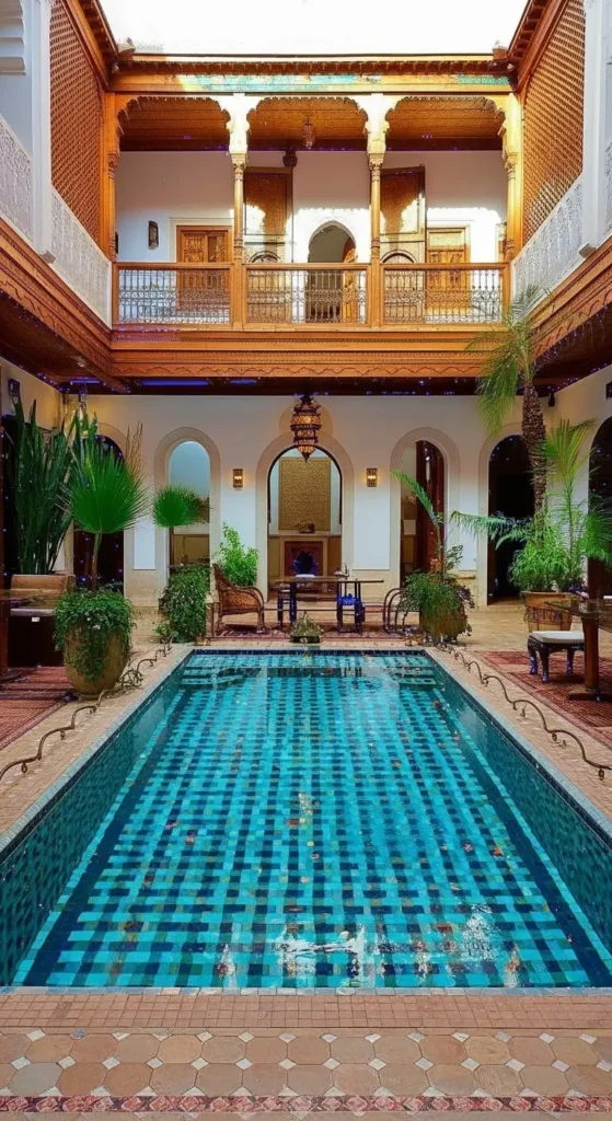 A beautiful, tranquil courtyard inside a traditional Essaouira Riad, featuring Moroccan architecture and vibrant tiles for a peaceful stay.