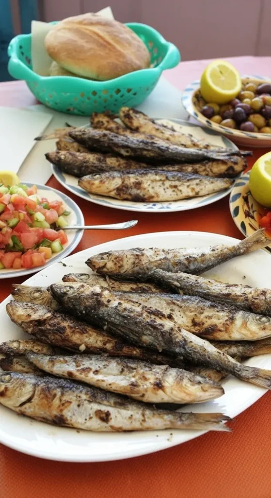 A delicious platter of fresh grilled seafood, caught daily, served by the bustling fishing port in Essaouira, Morocco.