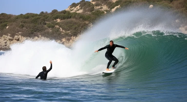 A drone's-eye view of a surfer riding the famously long wave at The Bay in Imsouane, Morocco, a premier surf destination.