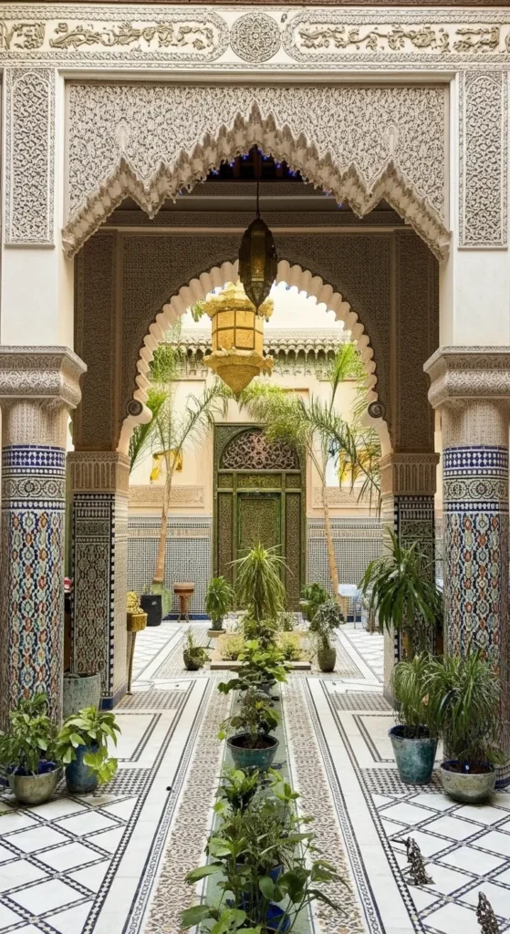 A serene and charming courtyard within a traditional Essaouira Riad, showcasing Moroccan architecture and colorful tiles, perfect for a restful stay.