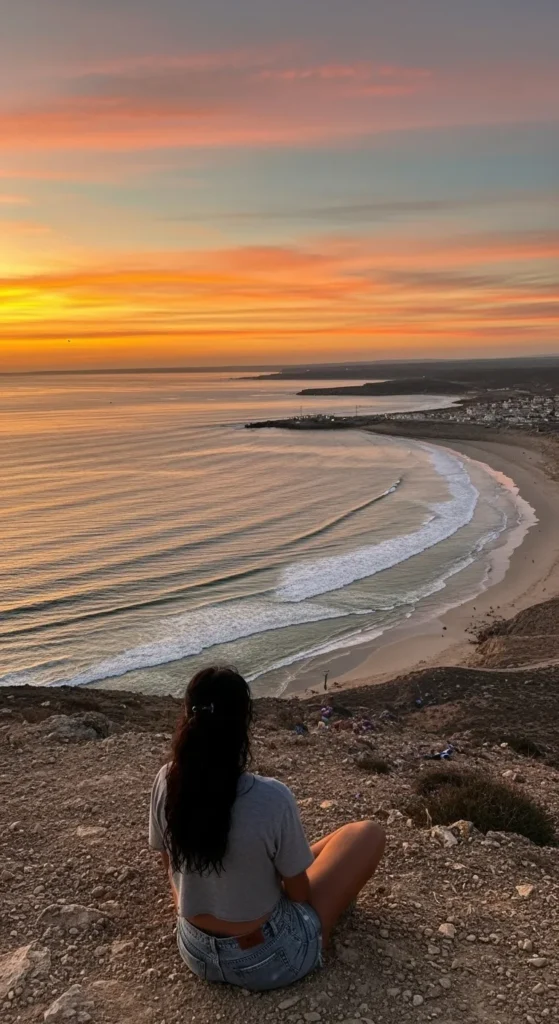 A stunning sunset over the Atlantic Ocean and the cliffside village of Imsouane, Morocco, capturing the town's peaceful atmosphere.