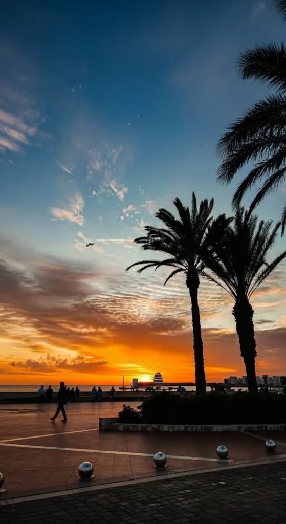 Agadir sunset on the beach promenade, showcasing golden sand and ocean