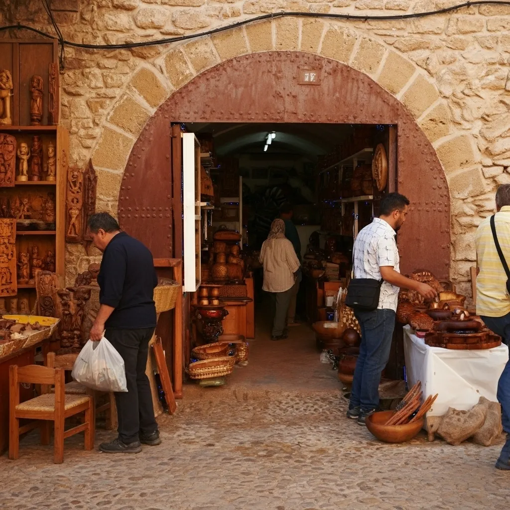 An artisan in Essaouira, Morocco, expertly carves aromatic Thuya wood, showcasing the local craft for shopping in the medina.
