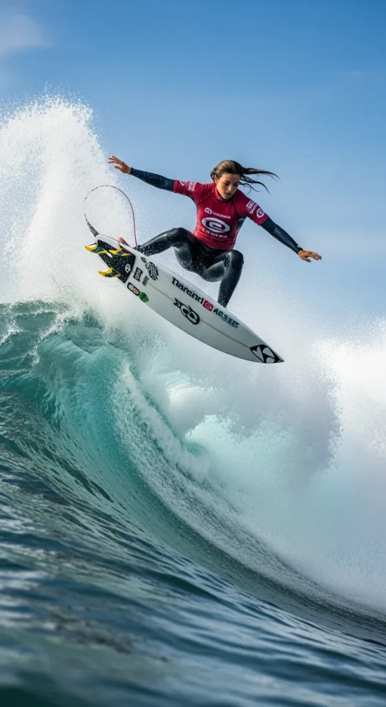 An experienced surfer executes a sharp turn on a powerful wave at The Cathedral point, a popular Imsouane surf spot for advanced riders women