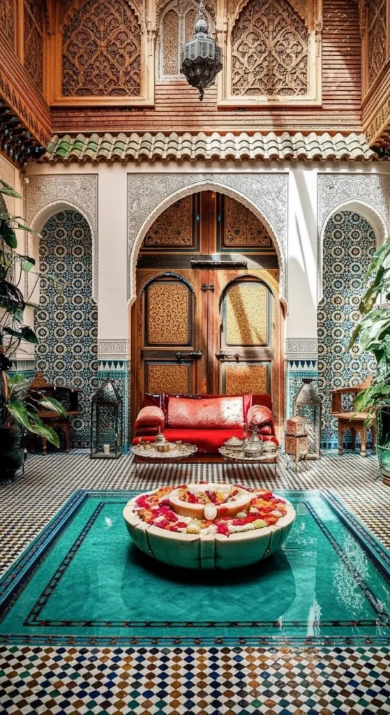 Authentic Moroccan riad interior courtyard in Taghazout, showcasing traditional architecture, vibrant tiles, and boutique hotel charm.