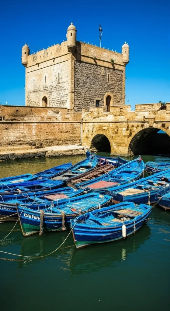 Blue fishing boats crowd the historic port of Essaouira, Morocco, with fishermen at work and the ancient city ramparts in the distance.