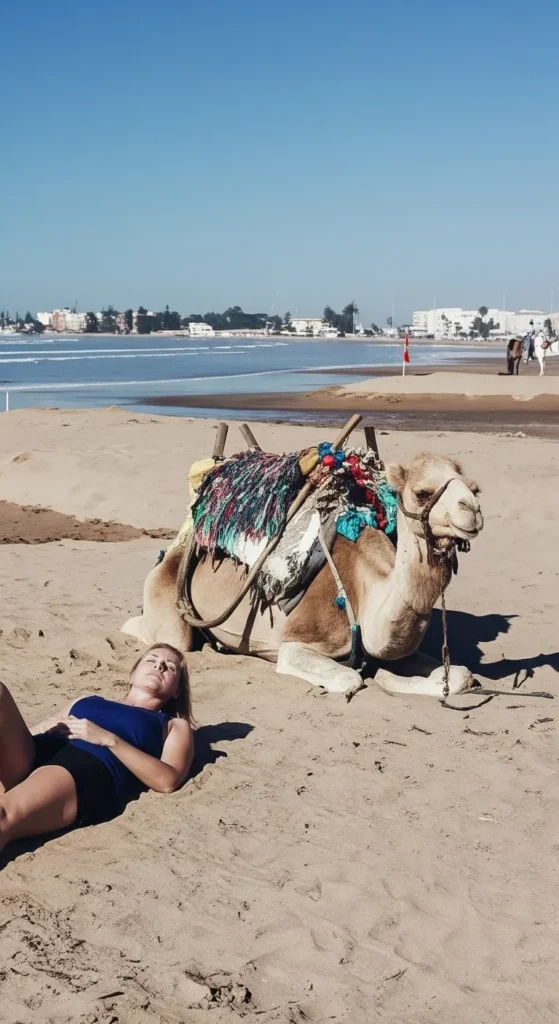 Camels and horses traverse the wide, sandy Essaouira, Morocco beach, with the historic medina visible in the distance.