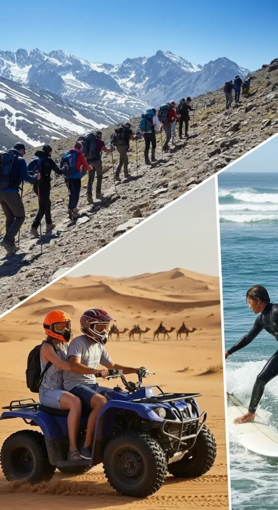 Collage of Moroccan adventure activities Atlas Mountains trekking, Sahara quad biking, and Taghazout surfing, highlighting specialist travel insurance needs.
