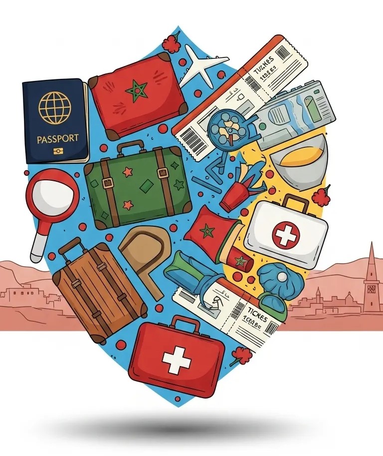 Conceptual image of a shield made of travel items, symbolizing comprehensive travel insurance coverage for your holiday to Morocco.