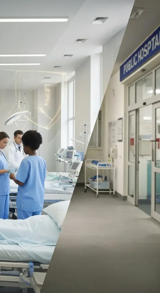 Contrasting healthcare facilities in Morocco, showing a modern private clinic and a public hospital, emphasizing the need for robust travel health insurance.