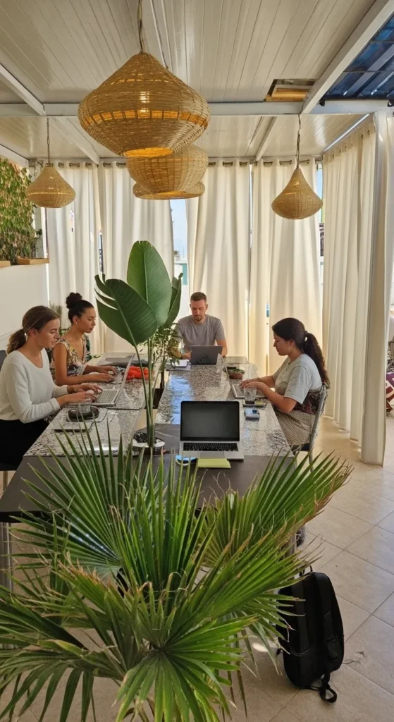 Digital nomad working on laptop with ocean view from a hotel co-working space in Taghazout, showcasing excellent Wi-Fi.
