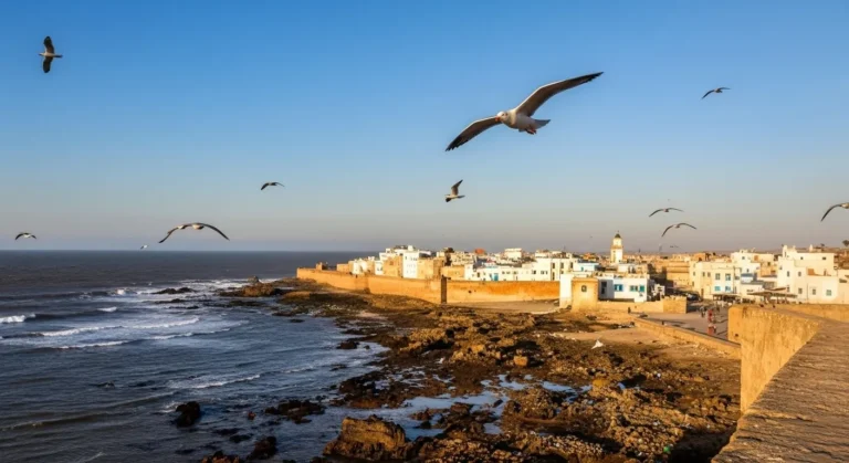 Essaouira, Morocco's iconic blue and white medina walls meet the Atlantic Ocean at sunset, capturing the city's unique charm and coastal beauty.