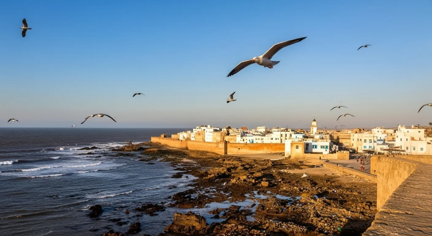 Essaouira, Morocco's iconic blue and white medina walls meet the Atlantic Ocean at sunset, capturing the city's unique charm and coastal beauty.