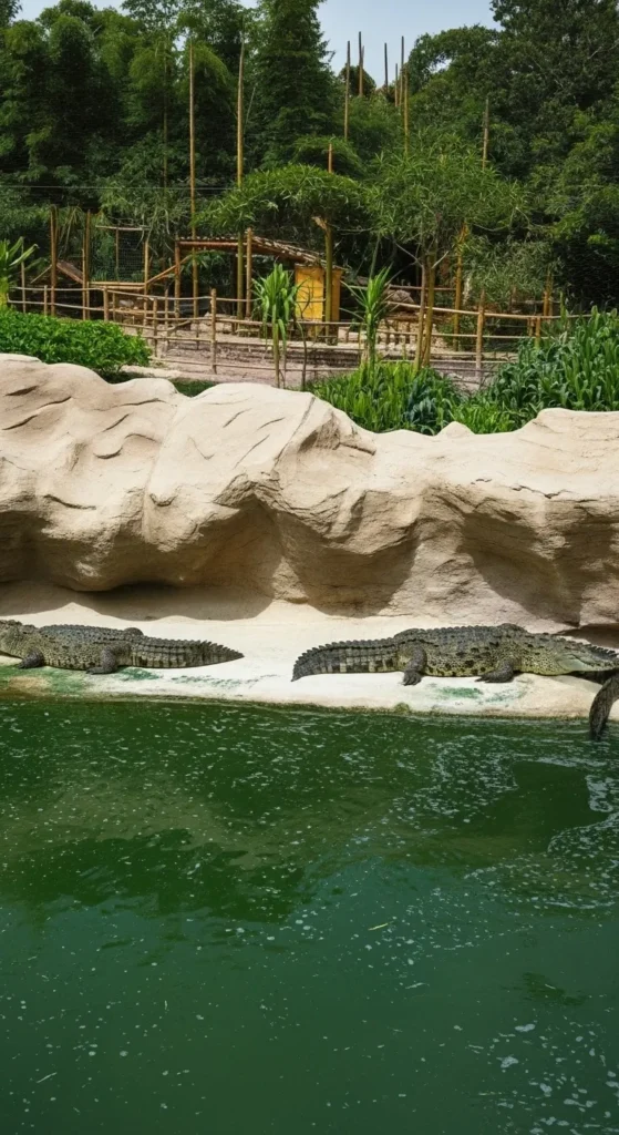 Family watching crocodiles in the lush botanical gardens of Crocoparc Agadir