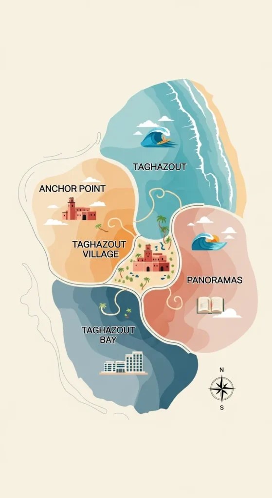 Illustrated map highlighting Taghazout Village, Taghazout Bay, Anchor Point, and Panoramas micro-locations for hotel search.