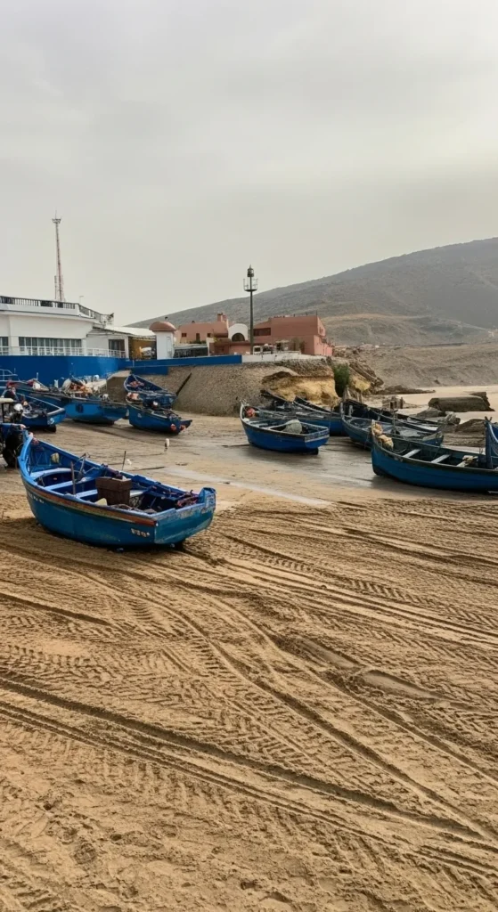 Local fishermen sorting their fresh daily catch at the bustling fish market in the port of Imsouane, Morocco.
