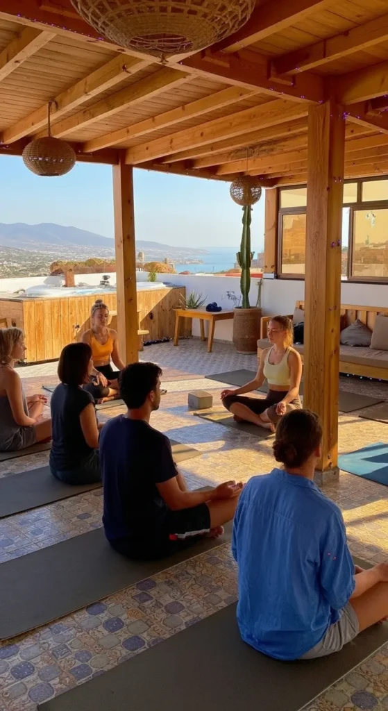 Outdoor sunrise yoga session on a Taghazout hotel rooftop, ideal for wellness and yoga retreats in Morocco.
