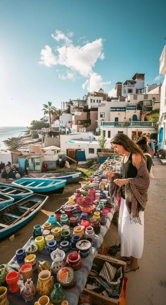 Panoramic view of Taghazout, Morocco coastline at sunset, showing traditional buildings, surfers, and golden sand.