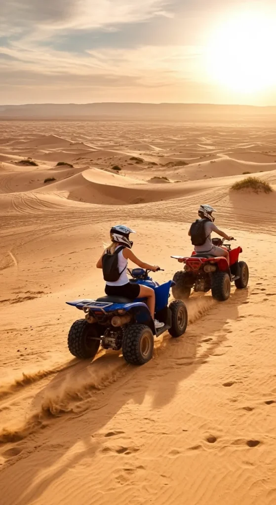Quad biking adventure over golden sand dunes near Agadir, Morocco