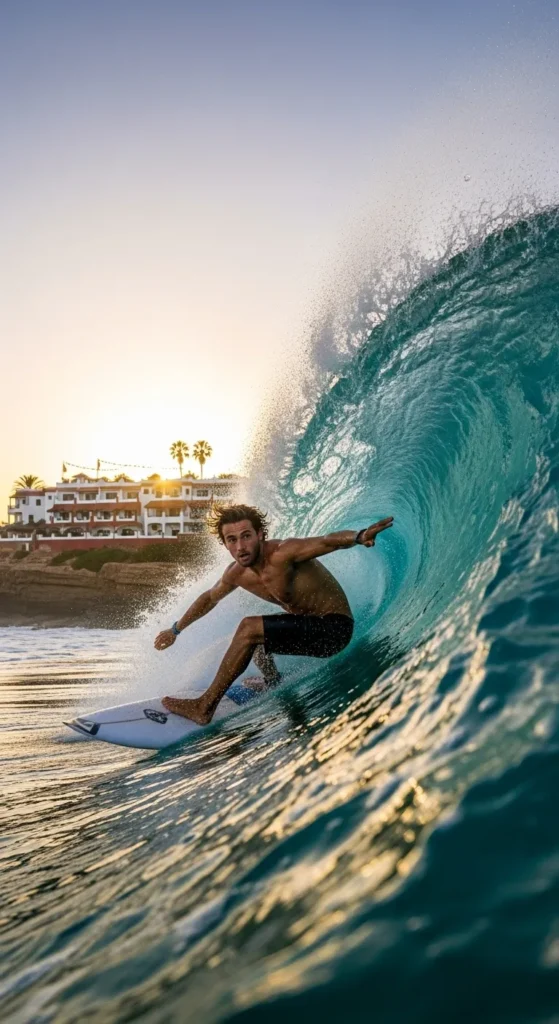 Surfer catching a wave near Anchor Point, Taghazout, highlighting accommodation options for surf enthusiasts.