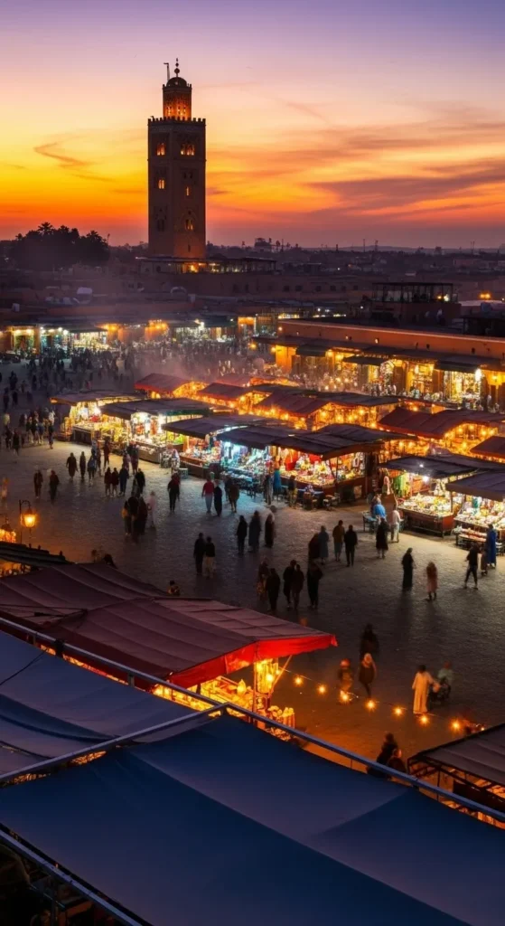 Vibrant Djemaa el-Fna square in Marrakech at sunset, bustling with activity, highlighting the excitement of travel to Morocco.