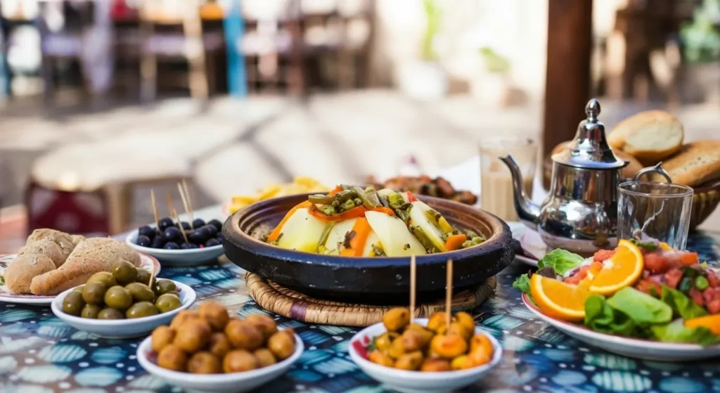 A delicious Moroccan tagine and local goat cheese served for a meal in Chefchaouen, Morocco.