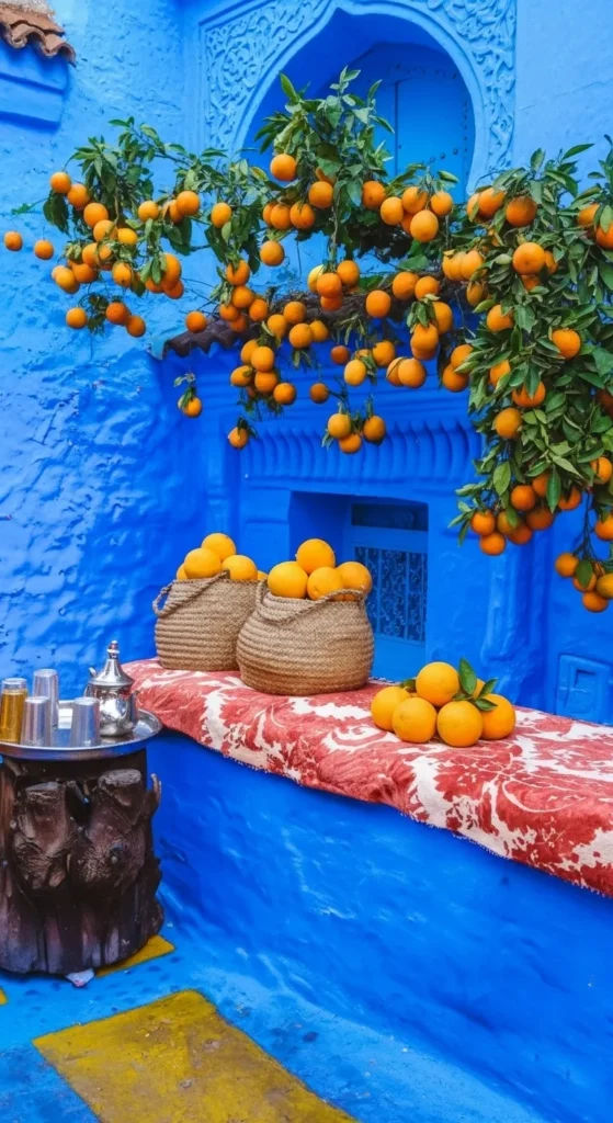 Baskets of fresh oranges and a Moroccan tea set resting against the vibrant blue wall of Chefchaouen Morocco.
